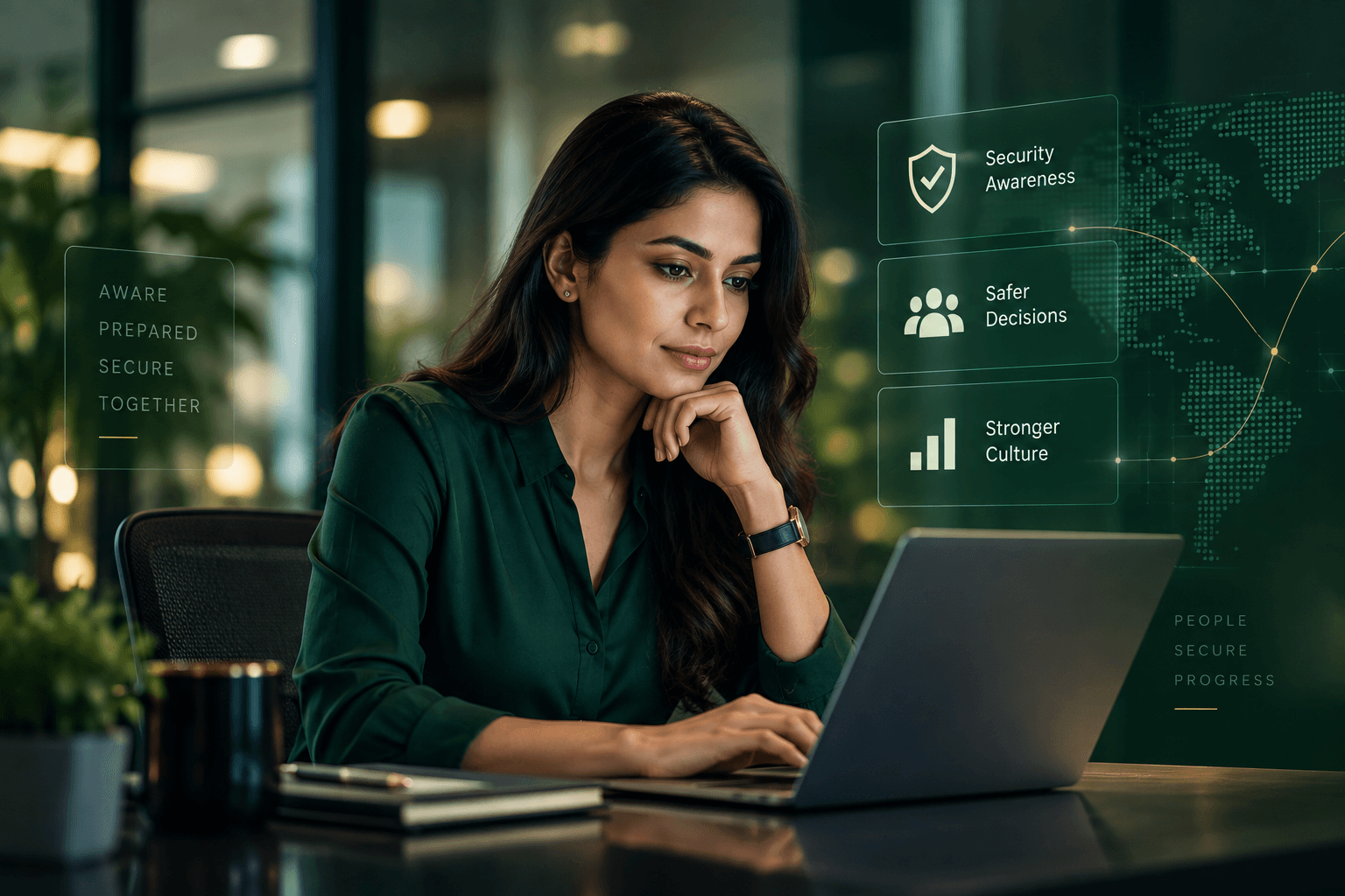 A professional woman working on a laptop in a modern office